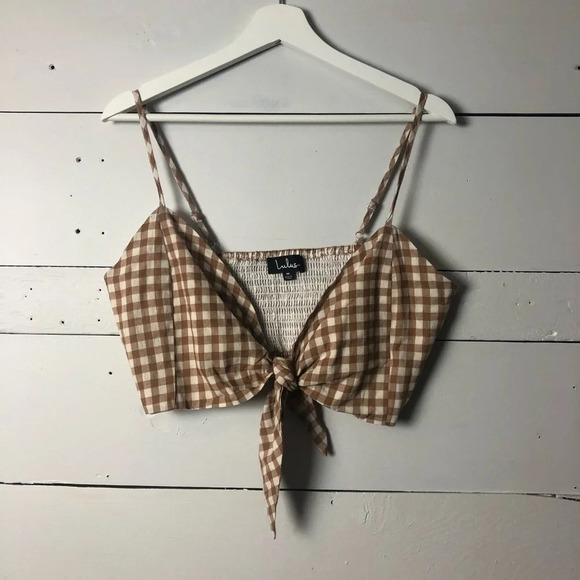 NWT Lulu’s Midday Muse White and Brown Gingham Tie-Front Crop Top Size Medium - Picture 5 of 8